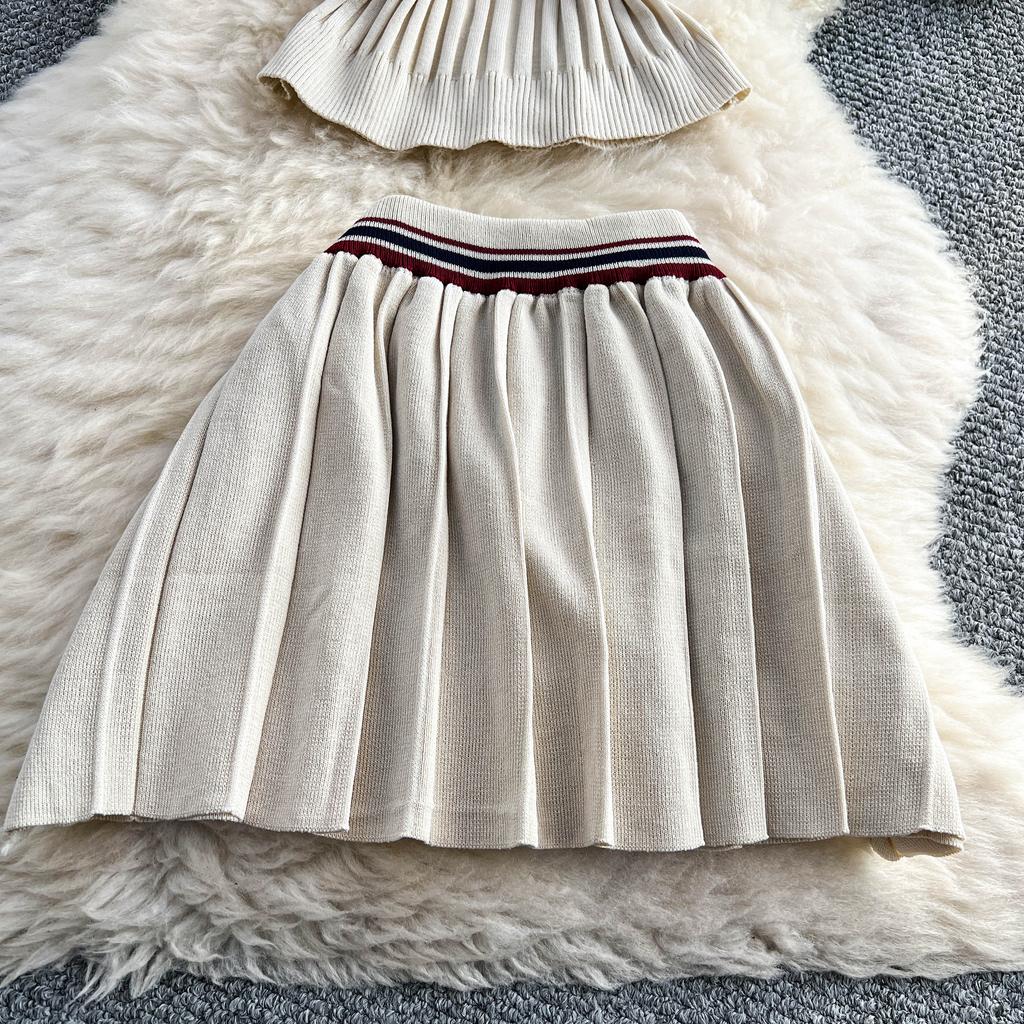 Summer Women College Style Knitted Sweater Two Piece Set Girl Polo Collar Pullover Top and Mini Pleated Skirt Suit
