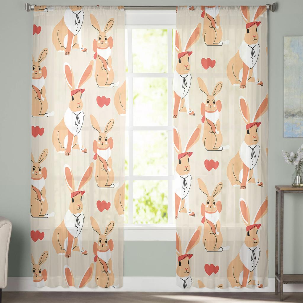 Durchsichtige Vorhänge mit Kaninchenmotiv, für Wohnzimmer, Schlafzimmer, Kinderzimmer, Tüll, Fenstervorhänge