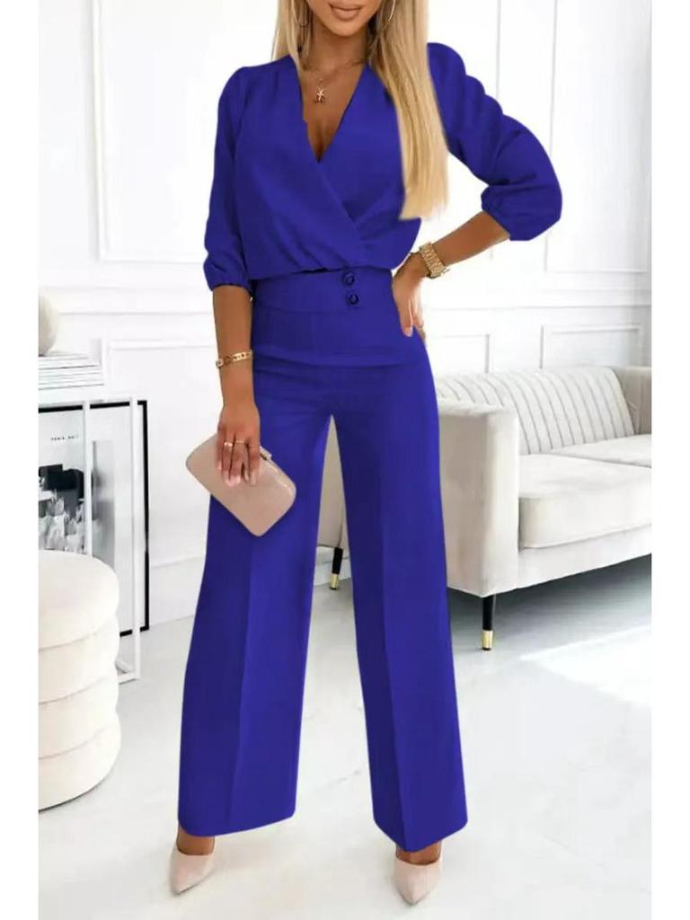 2025 Women's Solid Color V-neck Two-Button 2-Piece Pants Set