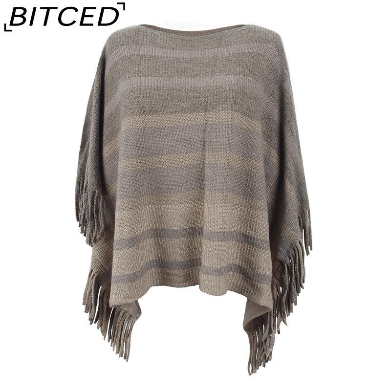 BITCED Off-Shoulder Fringe Shawl Women's Autumn Color-Block Striped Cape Coat