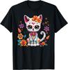 Floral Cat Sugar Skull Day of The Dead Dia De Los Muertos T-Shirt