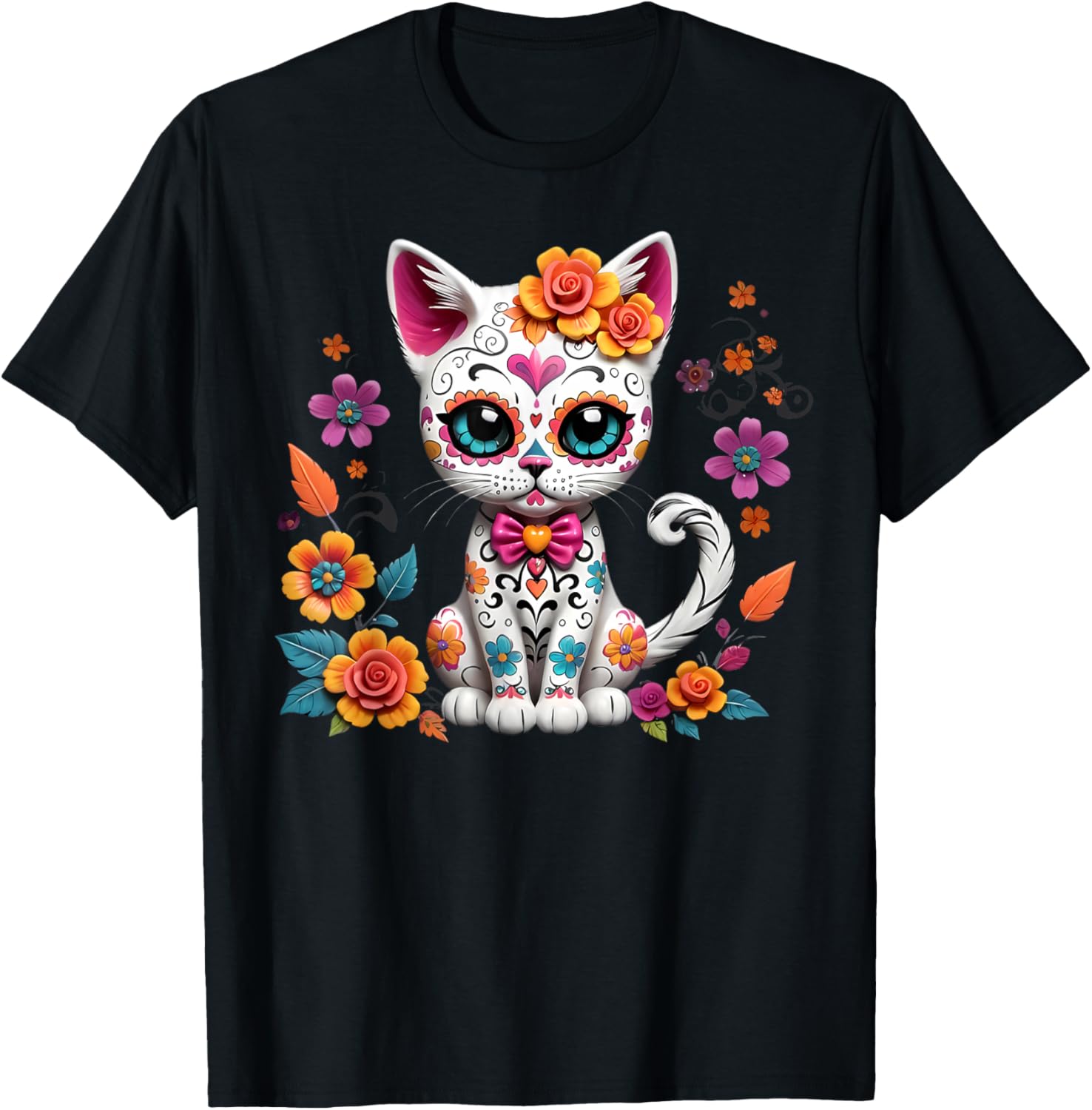 Floral Cat Sugar Skull Day of The Dead Dia de Los Muertos T-Shirt S