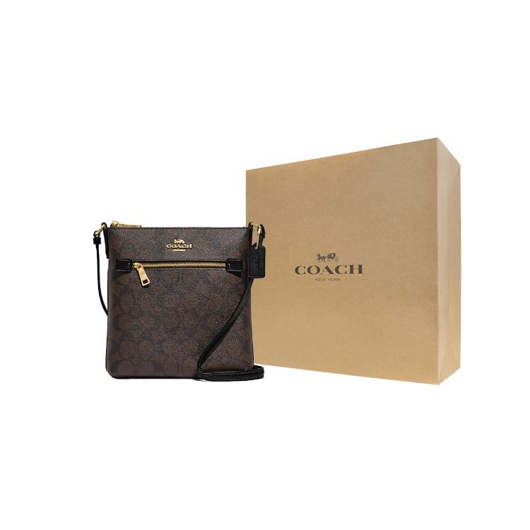 New COACH Rowan Coated Canvas With Smooth Leather Document Bag, Shoulder Bag, Crossbody Bag Mini Women's Brown Black CF340-IMAA8