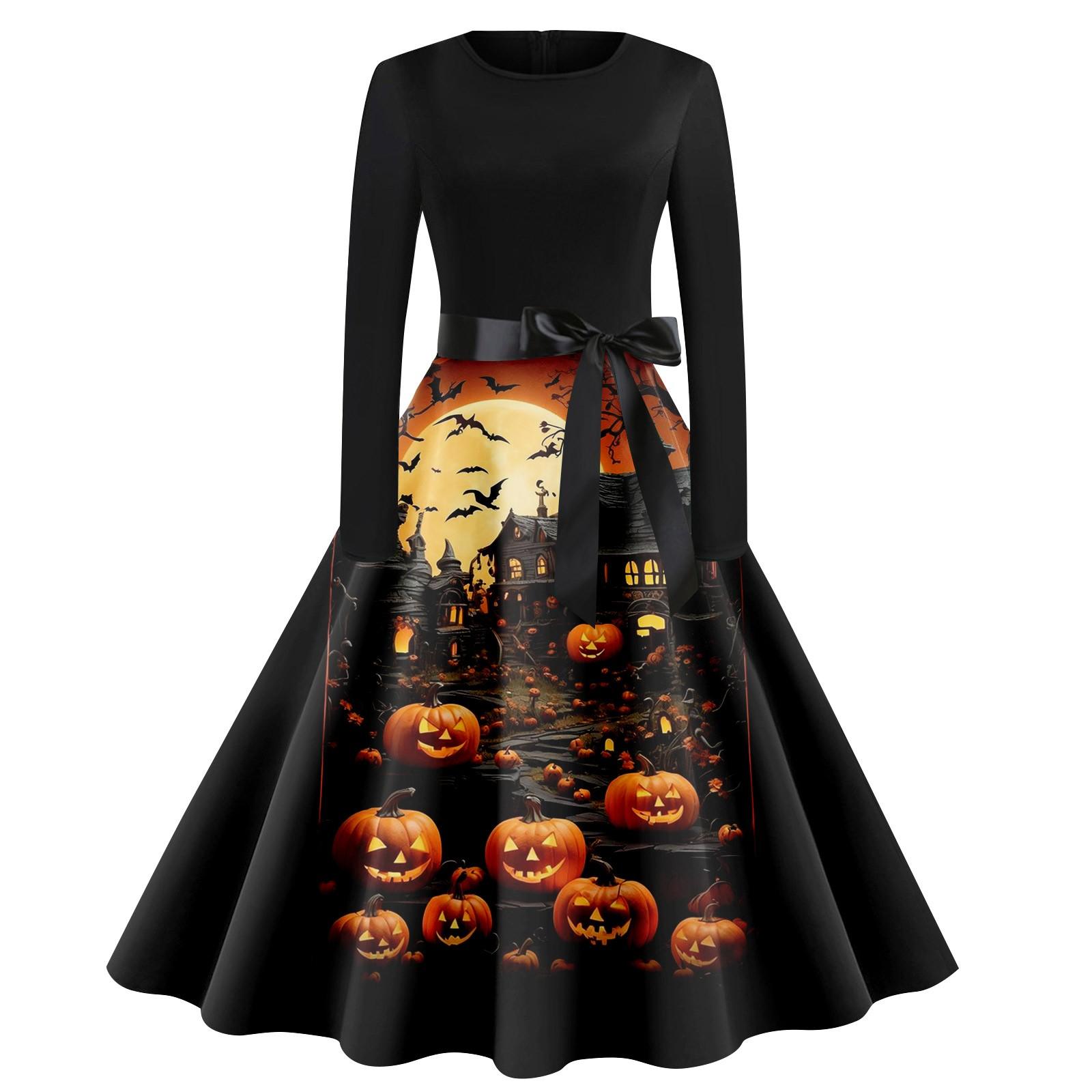 

Женское платье с круглым вырезом и длинными рукавами с принтом на Хэллоуин и большим свободным облегающим платьем S