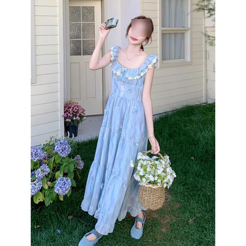 Summer seaside vacation long dress casual printing small flying sleeves suspender dress women's sweet and thin skirt