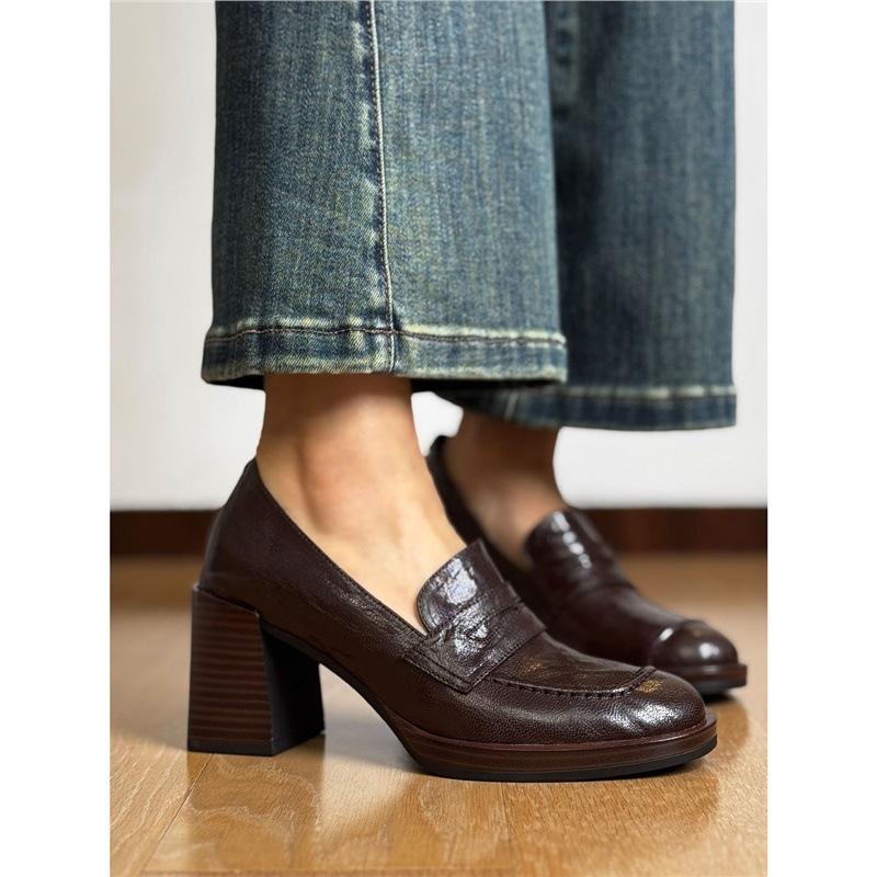 High intelligence~ silent sole high-heeled loafers women's thick heel British style soft leather commuter small leather shoes