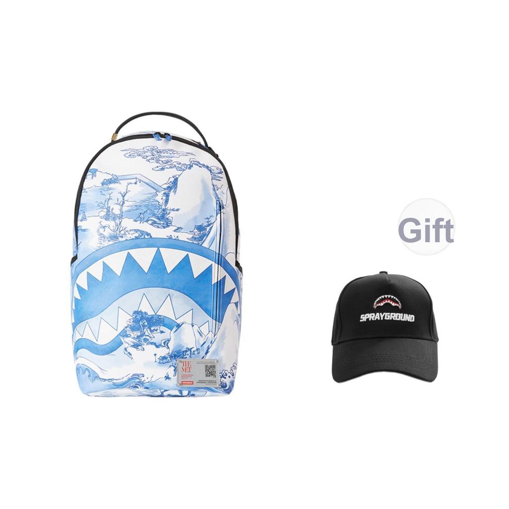Sprayground X Metropolitan Museum Of Art Collaboration Shark Logo Blue And White Oil Painting Backpack Unisex Backpack Light-Blue W1045739