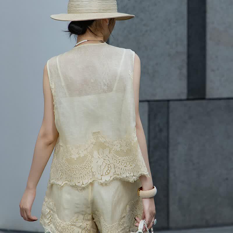 Lanser Women's Linen Blend Embroidered Lace Vest