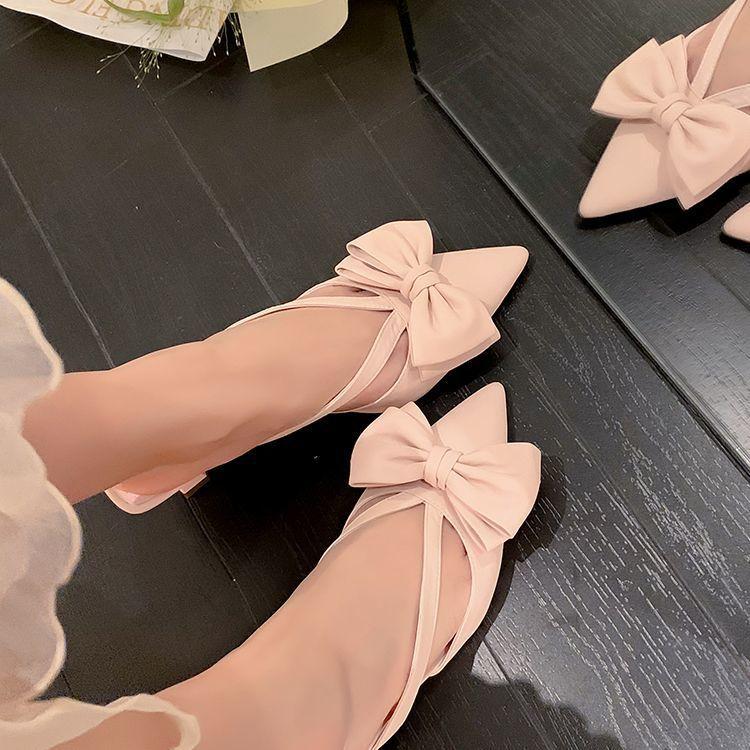 Pink French bow with skirt sandals pointed foreign style beautiful comfortable high heel bag head half slippers summer wear