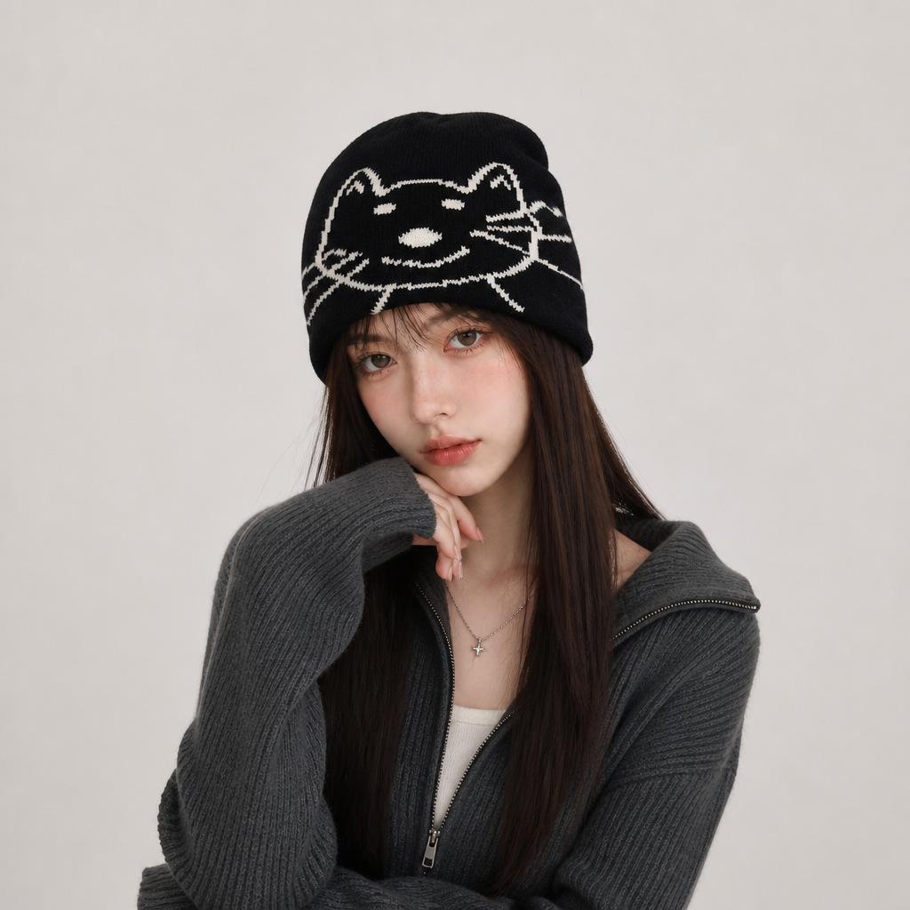 Korean ins blogger cute kitten jacquard knitted hat women's autumn and winter ear protection warm wool hat cold hat
