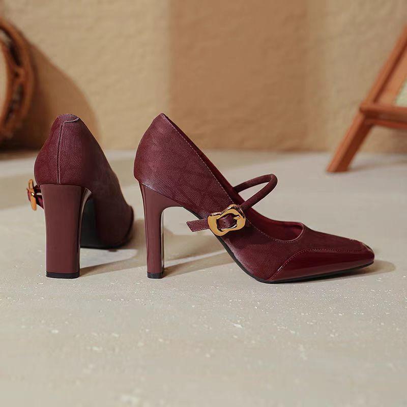 Fashion Women's Fashion Thick Heel Shoes Spring New Square Head Shallow Mouth Splicing Metal One-line Buckle Non-slip High Heels