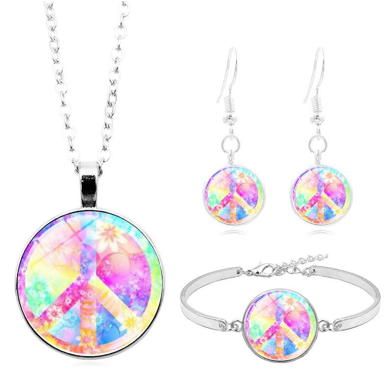 

Peace Sign Time Gemstone Necklace Bracelet Earrings Three-Piece Jewelry Set Gift