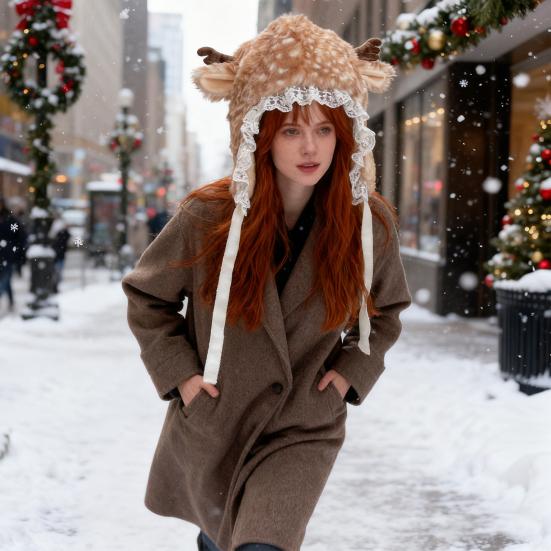 Winter Hat with Cartoon Deer Ears Plush Lining Ear Protection Hat Thickened Warm Adjustable Fit Leg Warmers Winter Wear