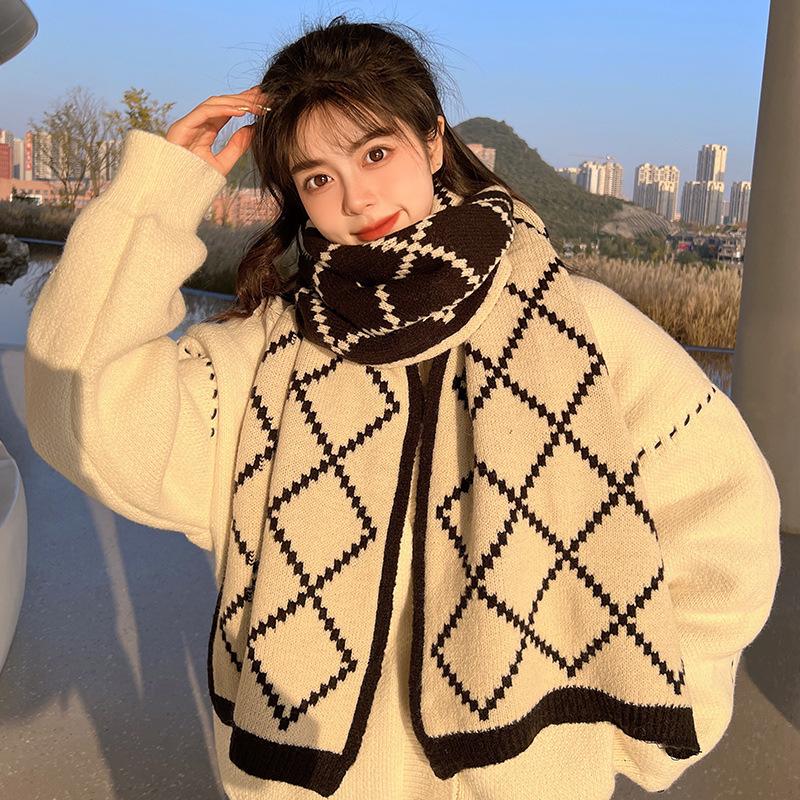 

Autumn Winter Couple Korean Style Warm Plaid Double Sided Faux Cashmere Neck Wrap Extra Long Knitted Thickened Student Scarf Women