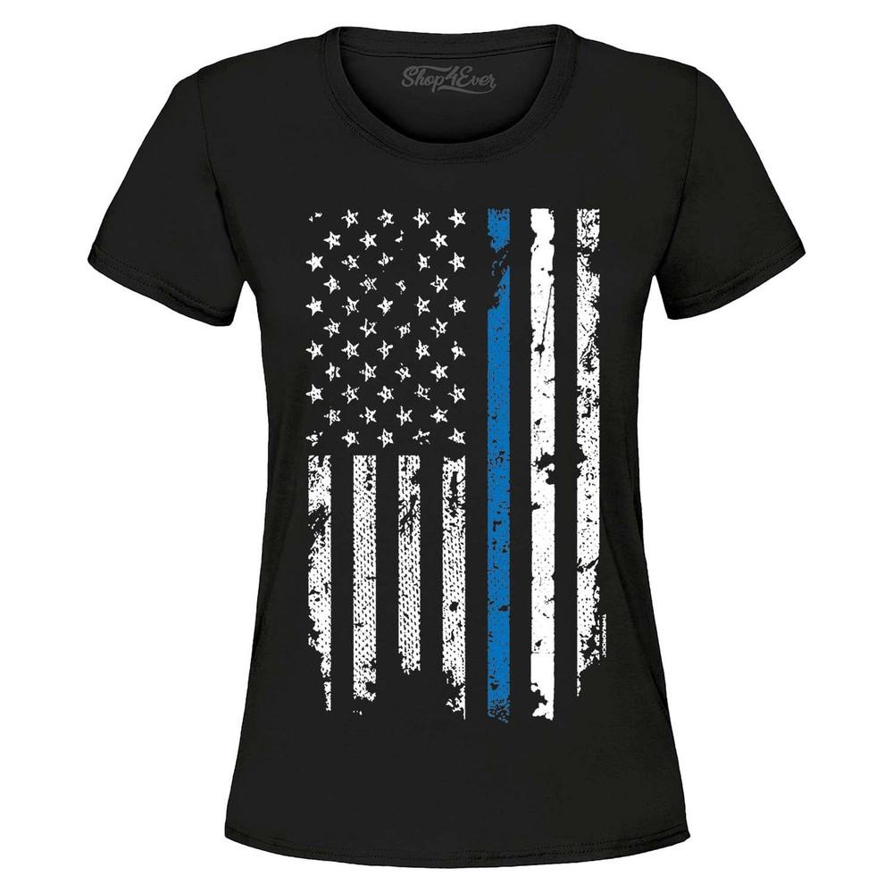 American Flag Blue Line Women's T-Shirt Police Officer USA Shirt