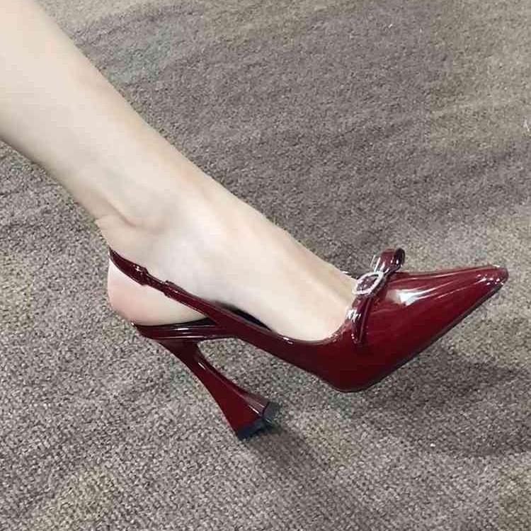 2025 Summer New Purple Satin Horseshoe Heel Bow Sandals Women's Pointed Rhinestone Buckle Sexy High Heels