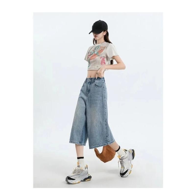 Damen Vintage Weite Beine Denim Capri Hosen Shorts Sommer Bauchkontrolle Locker Gerade Beine Lässig Streetwear