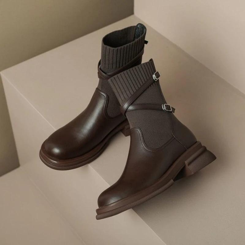 Fashion Retro Style Booties Plain Chunky Heel Splicing Ankle Boots for Women On Promotion Fashion 2025 Pu New In Sale Woman Short Shoes