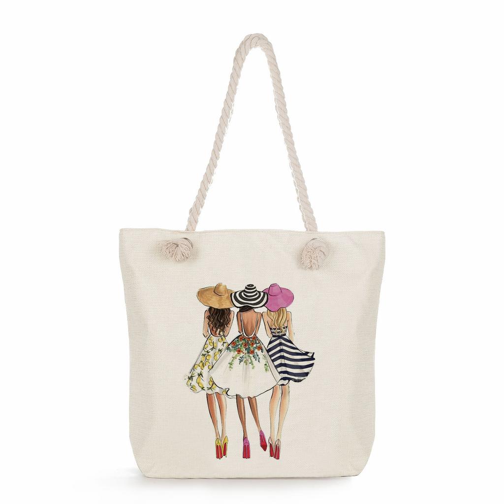 Sisters Print Thick Rope Single-shoulder Beach Bag 7275 CLE