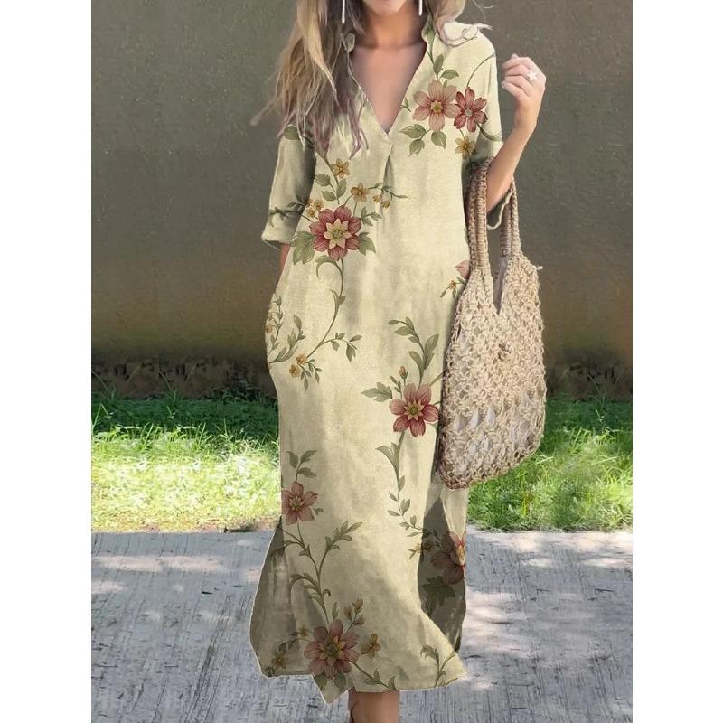 

Elegant Casual Summer V-neck Print Loose Dress Fashion Short Sleeve Plus Size Floral Casual Slit Simple Party Dresses Female Holiday Clothing XXXL