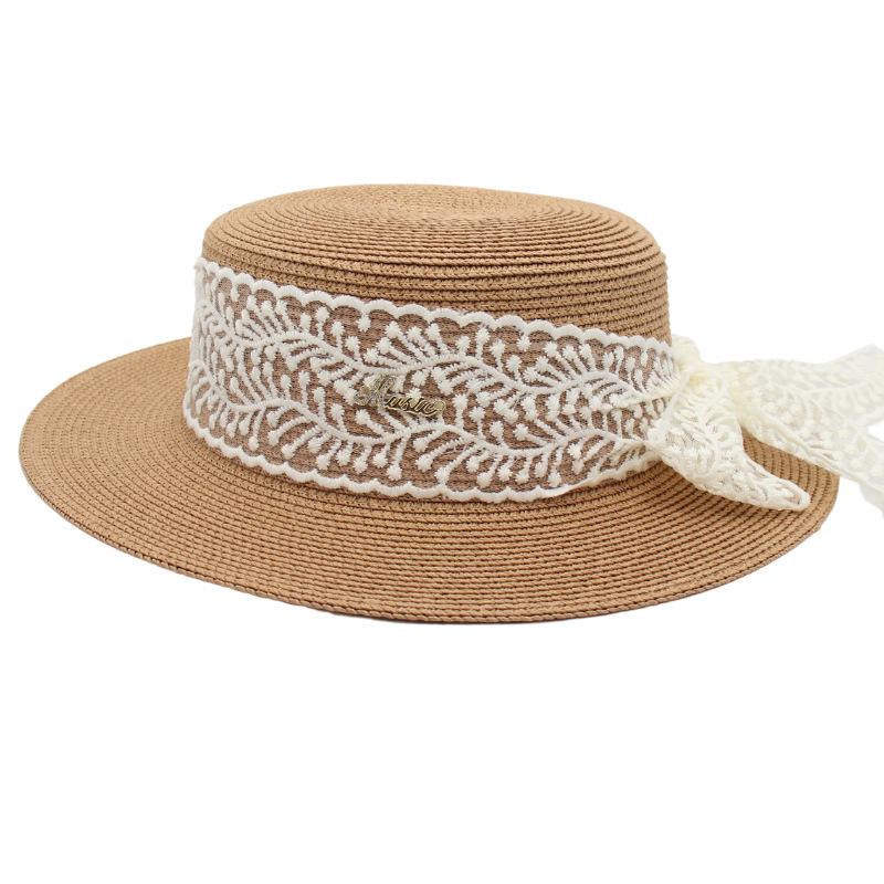 Temperament Straw Hat Female Bow Model Sun Protection Sun Hat Flat Top Hawaiian Lace Beach Hat Street Shot