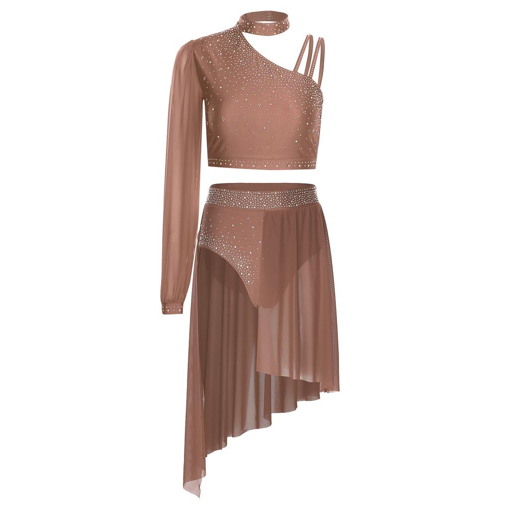 Dames Lyrische Dans Outfit Glanzend Strass Asymmetrische Crop Top Hoge Taille Slipje Korte Broek Chiffon Rok Kostuum