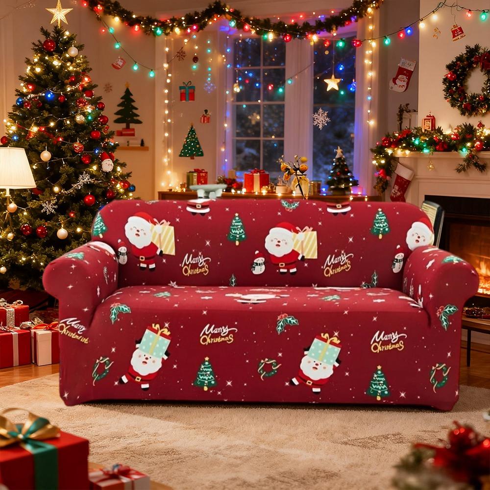Christmas Printed Sofa Cover 1/2/3/4 Seater Stretch Fabric Couch Slipcover Elastic Sofa Protector for Living Room Xmas Decoration