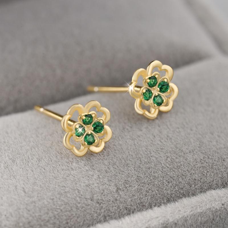 

925 Sterling Silver Vintage Green Zircon Stud Earrings for Women, Hollowed Flower Earring Hypoallergenic Girls Party Gift золотой