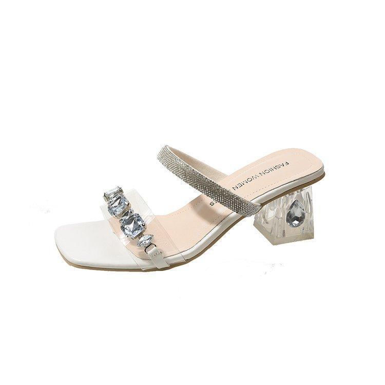 Sandale cu strasuri cu toc înalt pentru femei, vară, exterior, temperament, cuvânt transparent cu toc de cristal, toc gros, papuci frumoși franțuzești