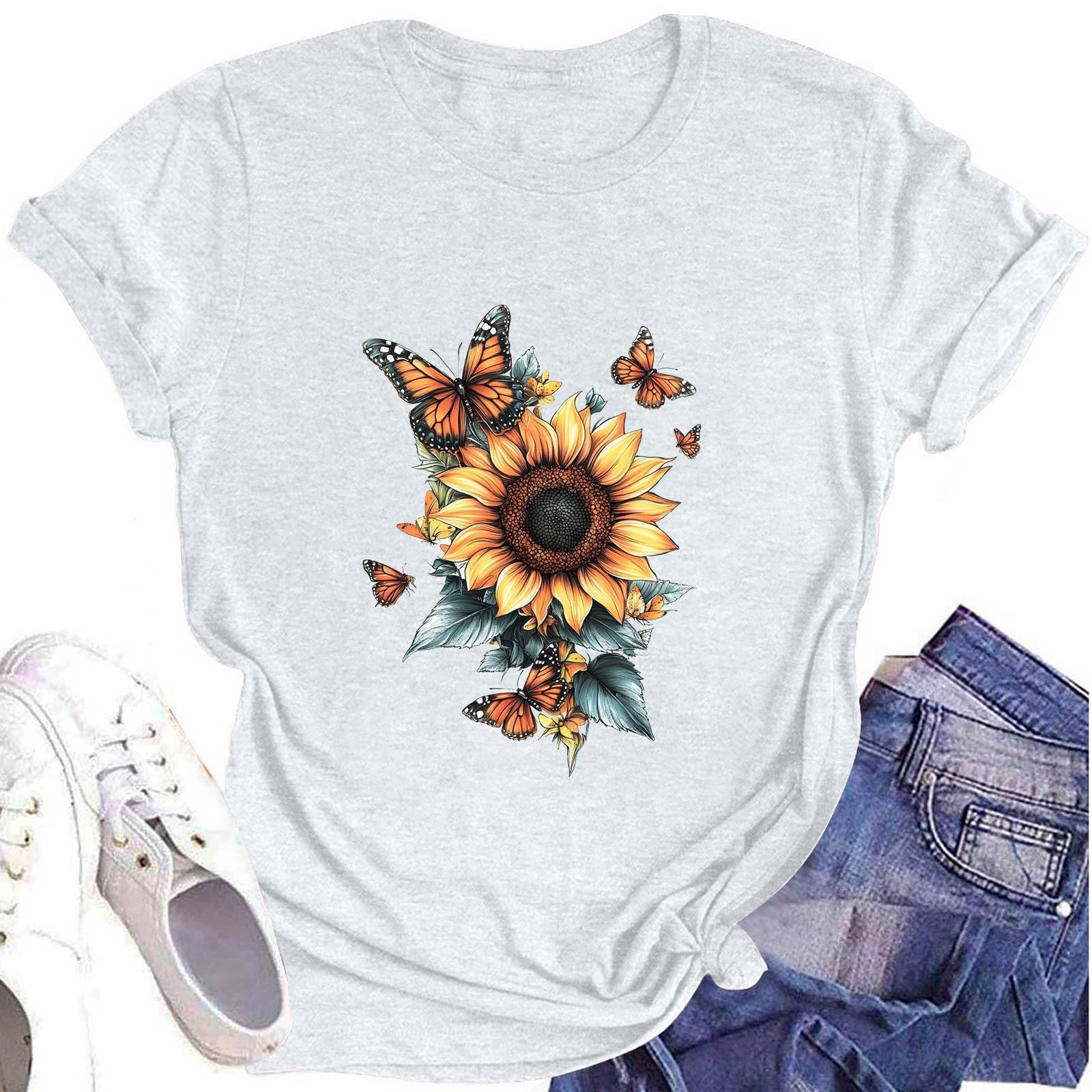 

Women s Fashion Round Neck Short Sleeve T-Shirt Sunflower Printed Casual Top XL білий