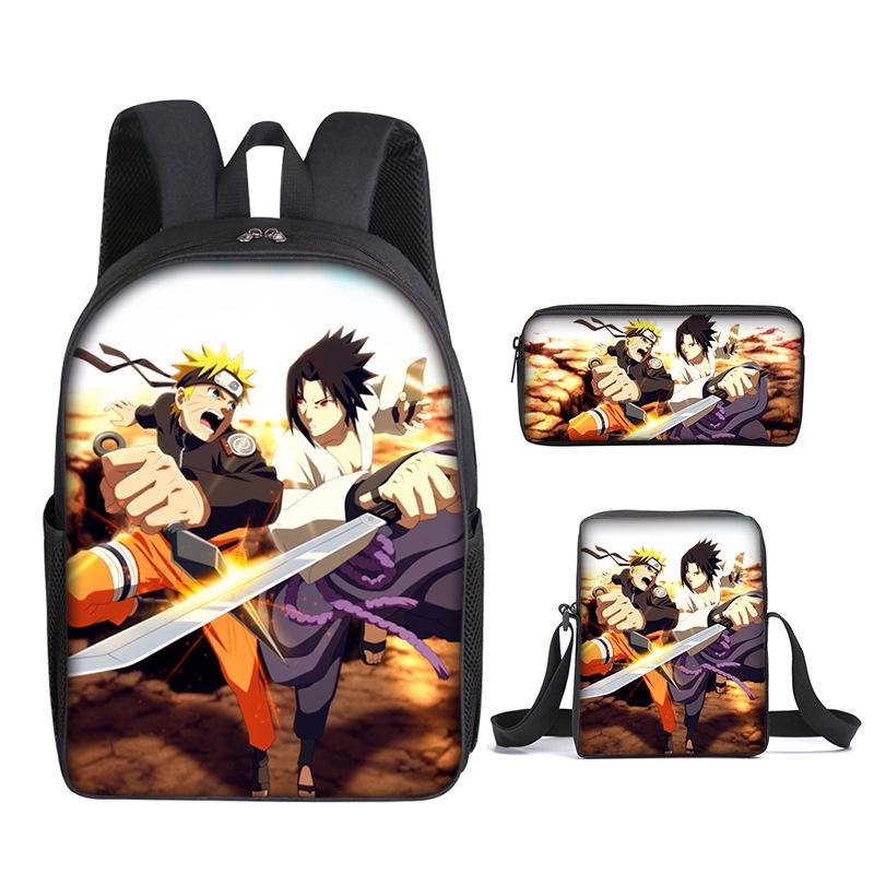 Naruto Naruto Rucksack Dreiteiliges Set, Schulranzen für Grund- und Sekundarschule, Umhängetasche, Messenger Bag, Federmäppchen.