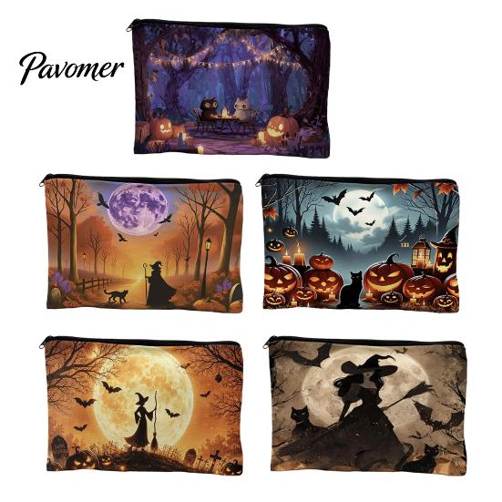 Wear-resistant Storage Bag Bag, with Smooth Zipper, Thickened Polyester Large Capacity Reusable Cosmetic Halloween Witch Pumpkin Pattern Printed Pouch