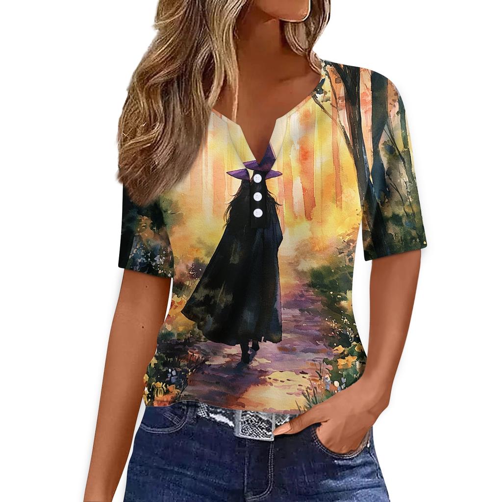 Women's Halloween V Neck Short Sleeve T-Shirt with Button Casual Top