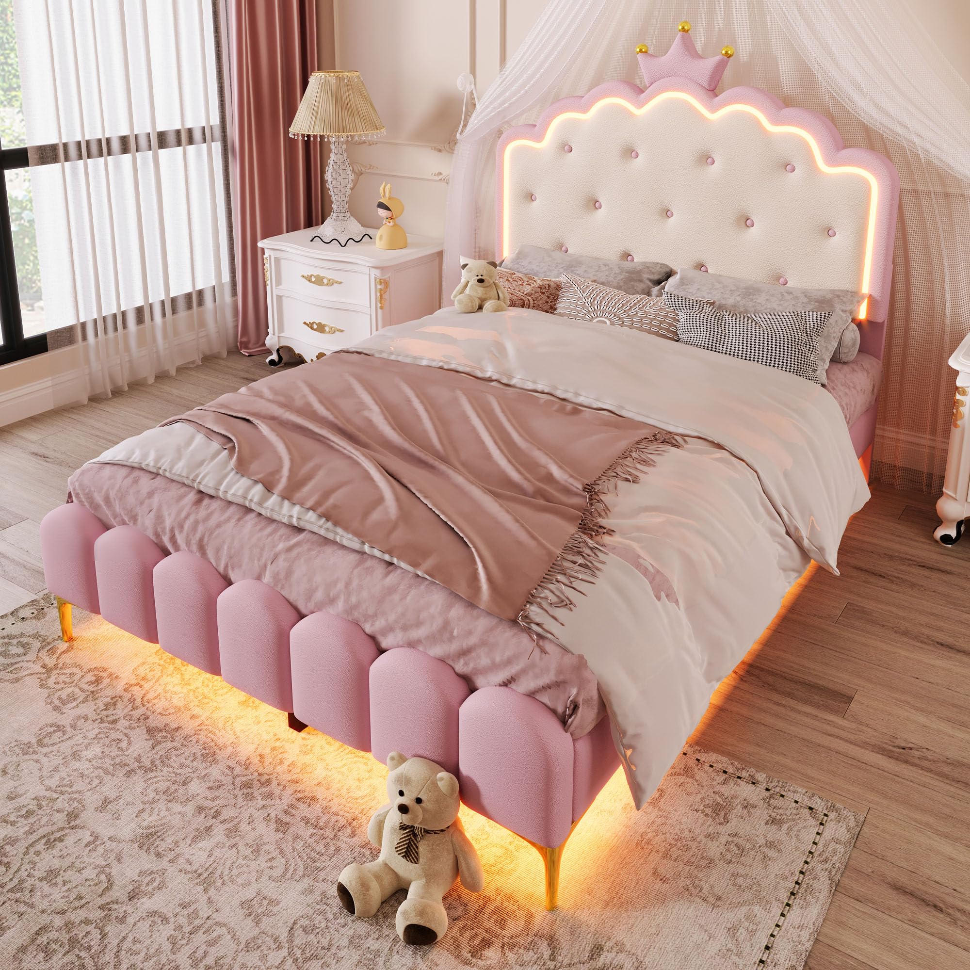 Kinderbett 140x200 Polsterbett Mädchen Kronprinzessinnen Kopfteil 16 Farben LED PU-Leder Bettrahmen Lattenrost Rosa 140x200 cm rosa