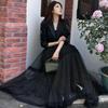 Qooth French Vintage Polka Dot Midi Skirt Heavy Duty High Waist A-Line Tulle Skirt with Raw Edge Ruffles QT2604