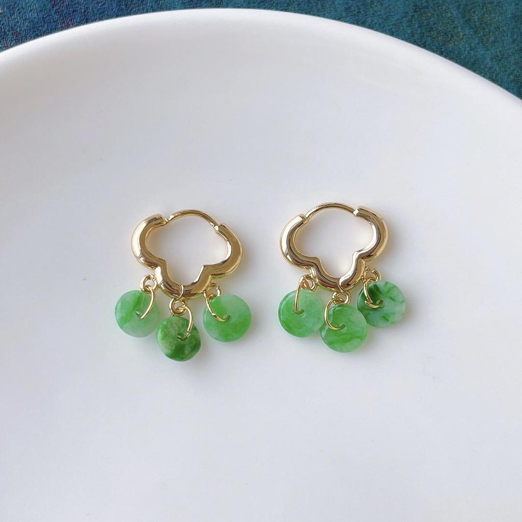 14k Gold-Plated A-Grade Natural Jade Green Dangle Earrings - Simple Chinese Style