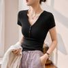G Youke silk, with good materials and quality, button V-neck T-shirt women's short-sleeved summer new high-waisted top