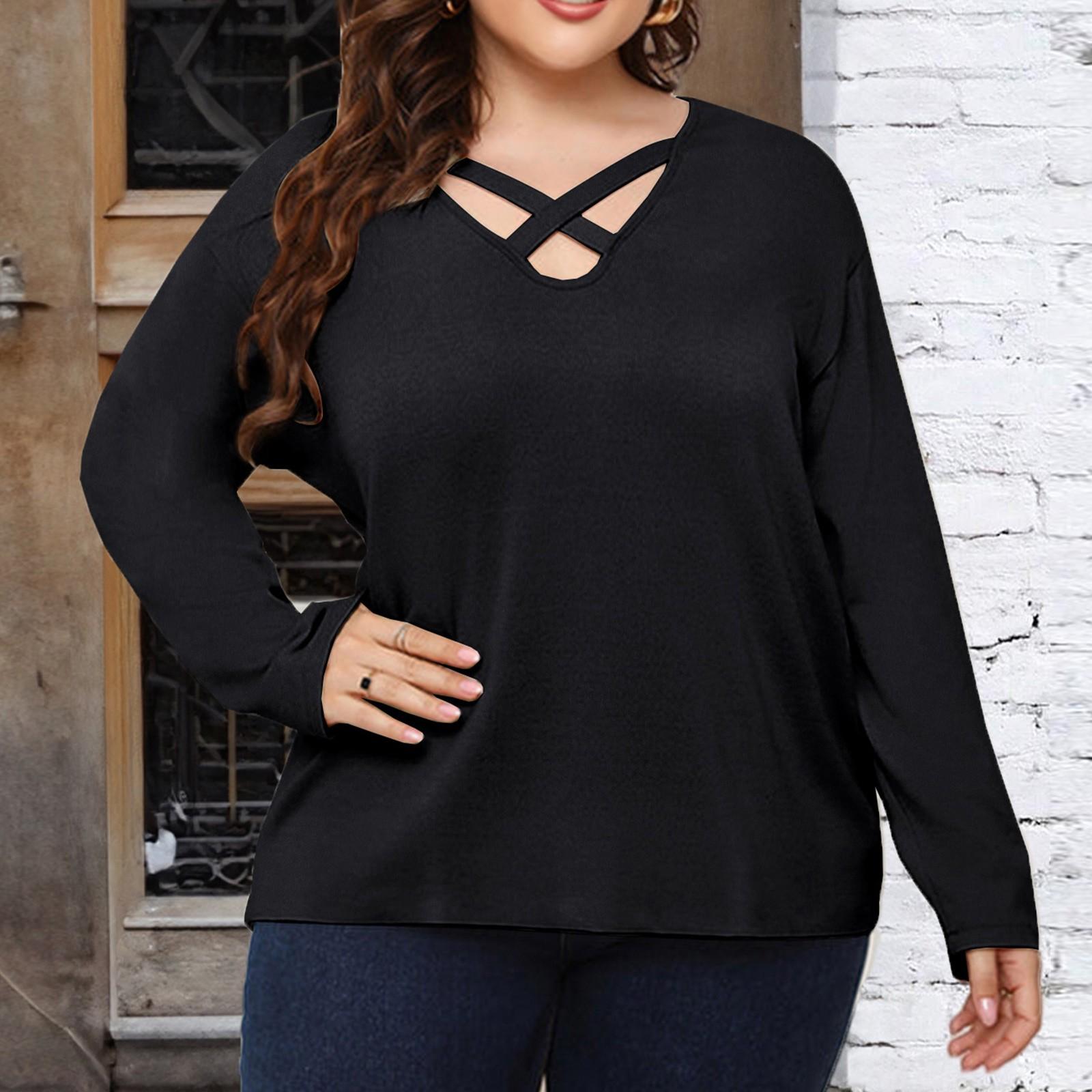 

Женский свободный модный свитер с завязками больших размеров с длинными рукавами и V-образным вырезом, с принтом, с футболкой XL чёрный