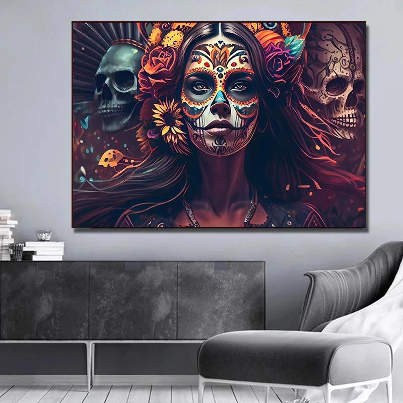 Day of The Dead Flowers and Beauty Skull Posters Prints Woman Halloween Canvas Painting Abstract Wall Art Picture Decoration