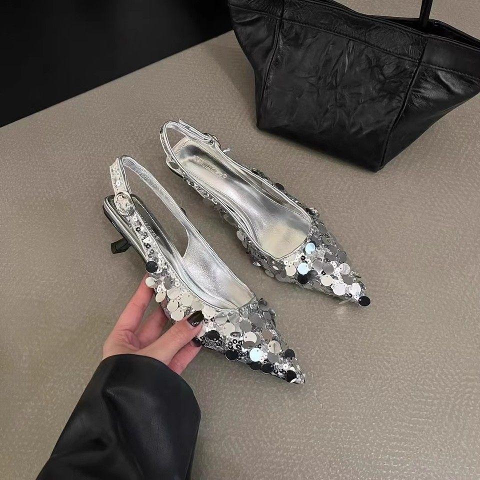 French high heels silver temperament bag head sandals fairy shoes 2025 new spring and summer sequined pointed single shoes