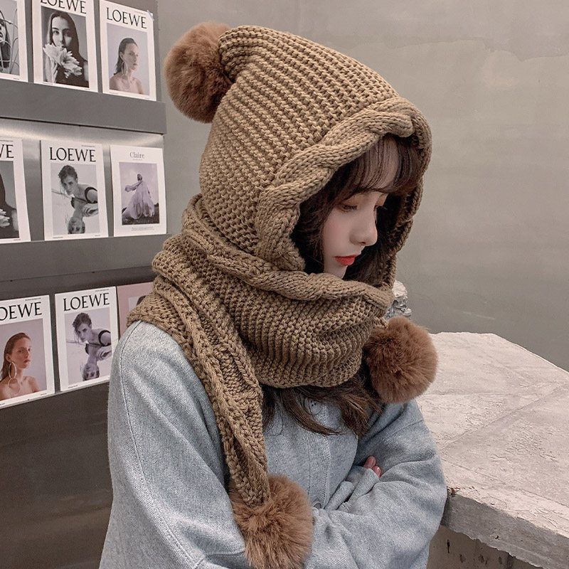 Damen Koreanischer Stil Vielseitige Strickmütze Schal Integriert Niedlicher Pompon Ohrenschutz Verdickte Warme Mütze für Herbst Winter