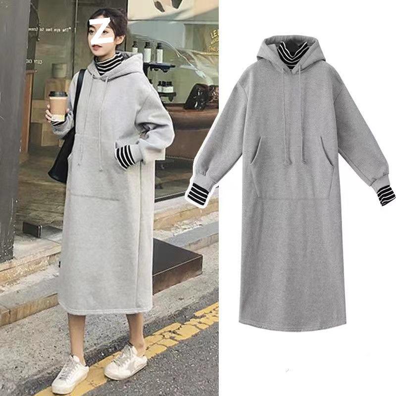 Women's Plus Velvet Sweatshirt Dress: Faux Two-Piece, Long Over-the-Knee, Hooded, Loose Fit, Plus Size, for Autumn and Winter.