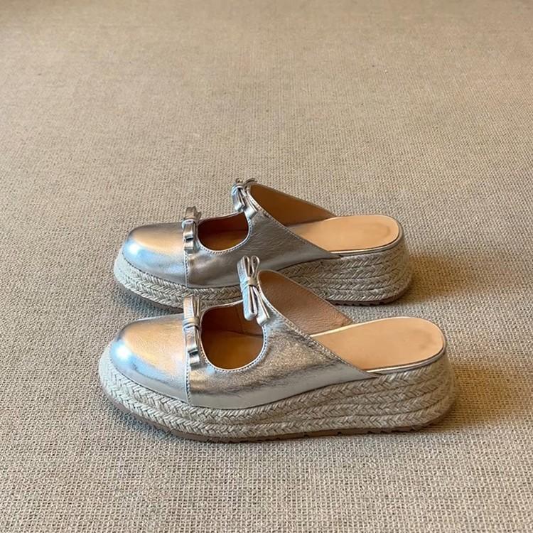 

Французская соломенная сумка на толстой подошве, бант на носке, крутые шлепанцы, женские летние 2025, новые, универсальные, юбка, полушлепанцы 40 серебряный