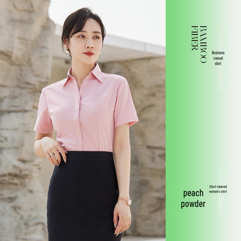 Damen Rosa V-Ausschnitt Bambusfaser Stretch Shirt - Gestickte Formelle Kleidung für Büro, Verkauf und Hotel Rezeption