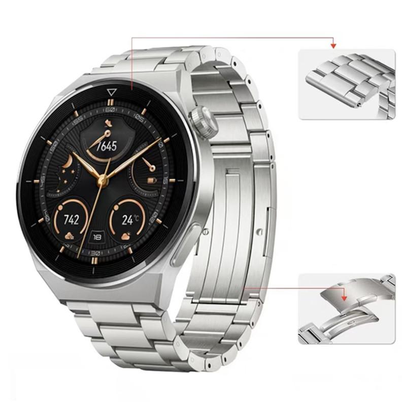 

For Huawei Watch Buds/GT3 SE/GT3 Pro Titanium Steel Watch Band 22mm 3-Bead Metal Sports Strap Silver