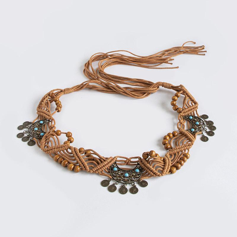 Bohemian Belt Ethnic Style Belt Moon Knitted Knotted Inlaid Handmade Vacation Style Women's Waist Rope