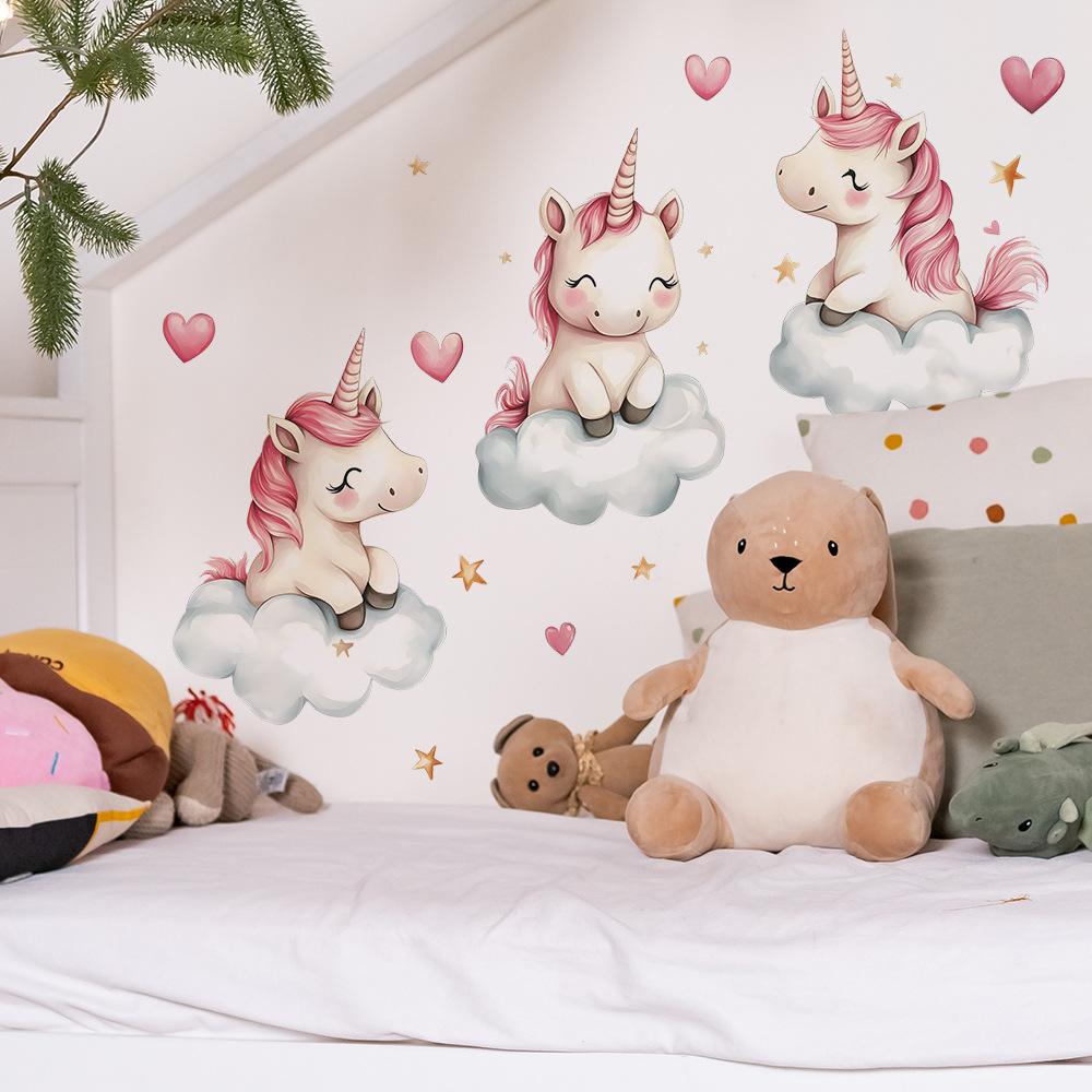 Adesivo da Parete Carino Unicorno Cuori Nuvole Autoadesivo Rimovibile Camera da Letto Soggiorno Corridoio Dormitorio Decorazioni per la Casa Arte