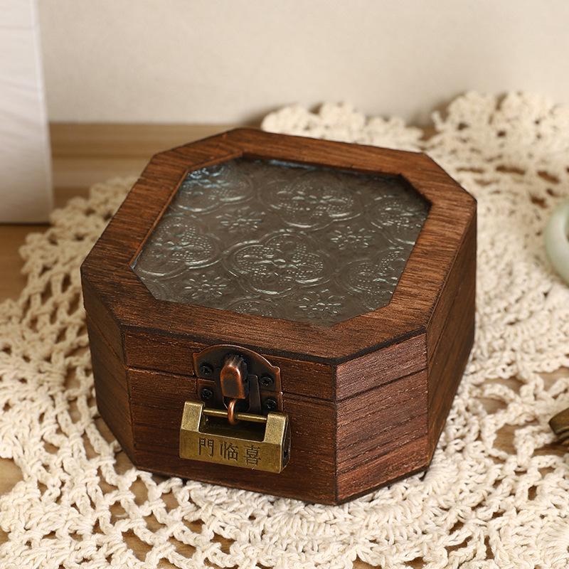 Lockable Begonia Glass Storage Box - Retro Wooden Dressing Table Organizer
