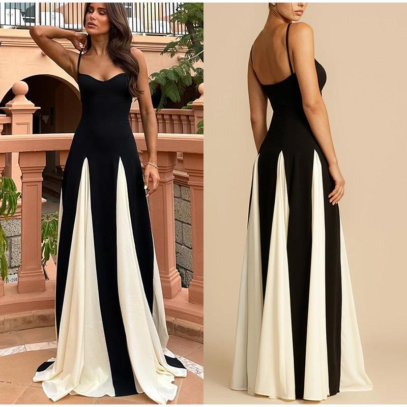 Fashion Contrasting Color Spaghetti Strap Dress for Women Elegant Gauze Backless A-line Long Dresses New Lady Party Evening Dresses