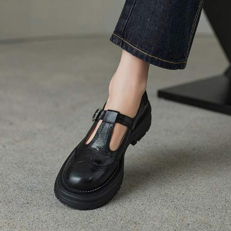 Fashion Retro Women's Brogue Leather Shoes Spring Round Head Carved Mary Jane Shoes Women Oxfords Women's Shoes Ladies Leather Female